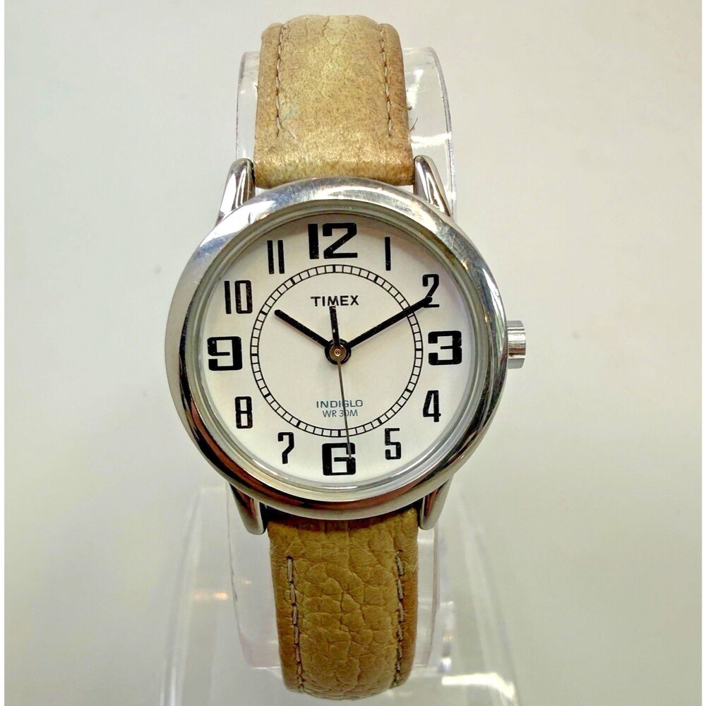 Timex Watch Women Silver Tone Blue Indiglo Retro Beige Band New Battery EUC